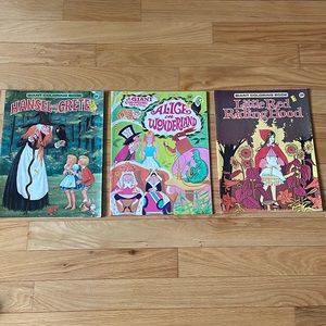 Playmore Inc. Vintage Coloring Books Alice in Wonderland, Hansel & Gretel & Red